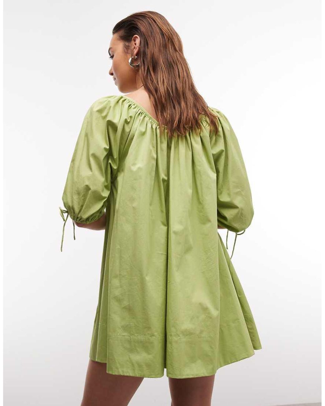 ASOS Green Scoop Neck Poplin Mini Dress With Tie Sleeves