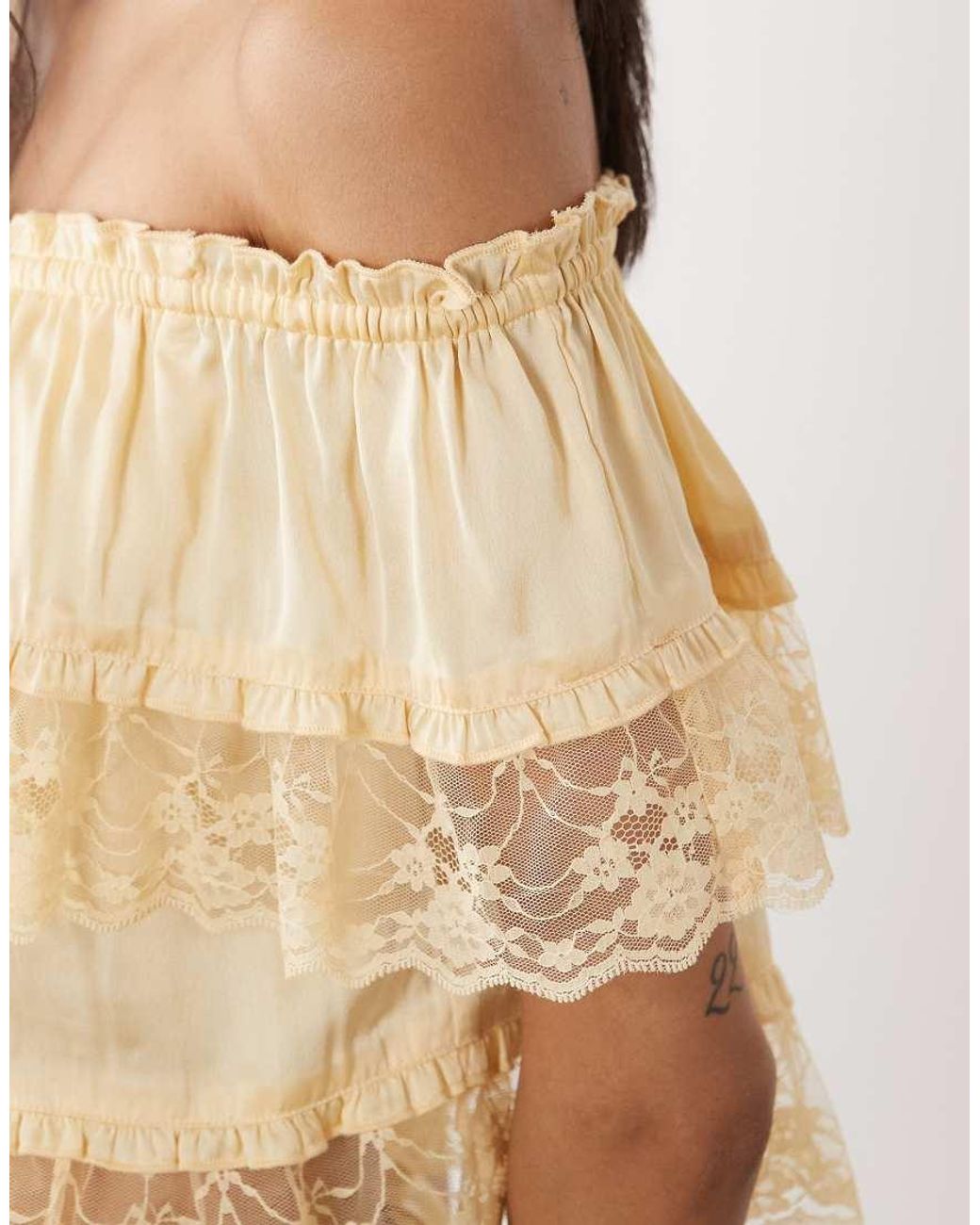Miss Selfridge Natural Satin And Lace Bardot Top Co-ord