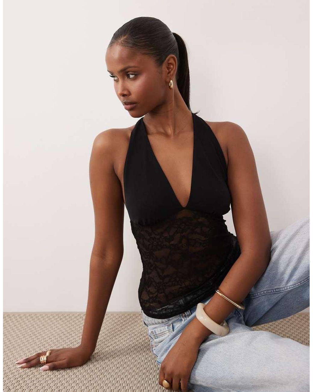 Gina Tricot Black Lace Plunge Top With Scarf