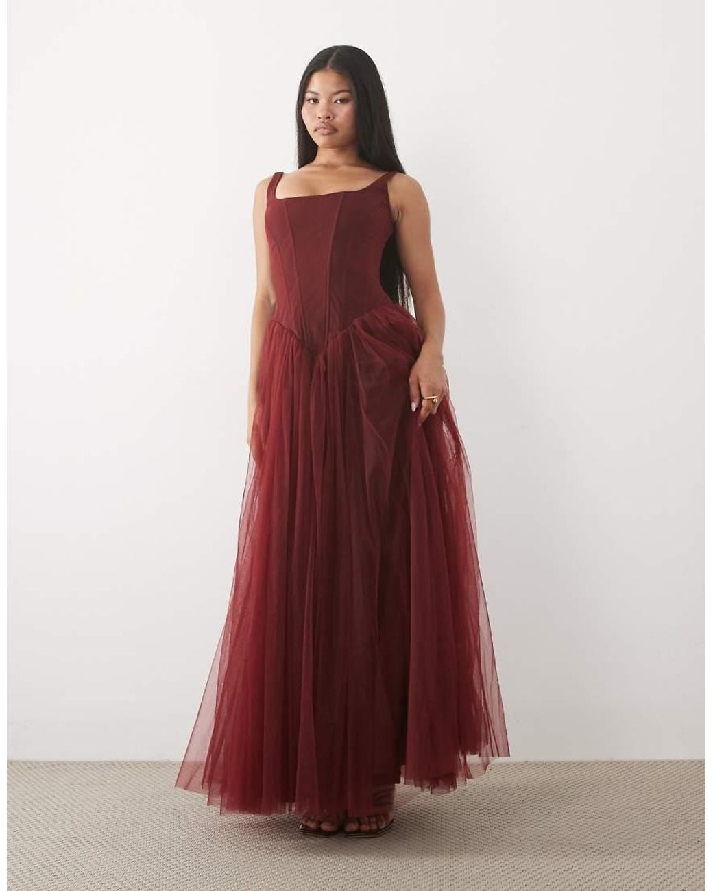 LACE & BEADS Red Tulle Drop Hem Corset Maxi Gown