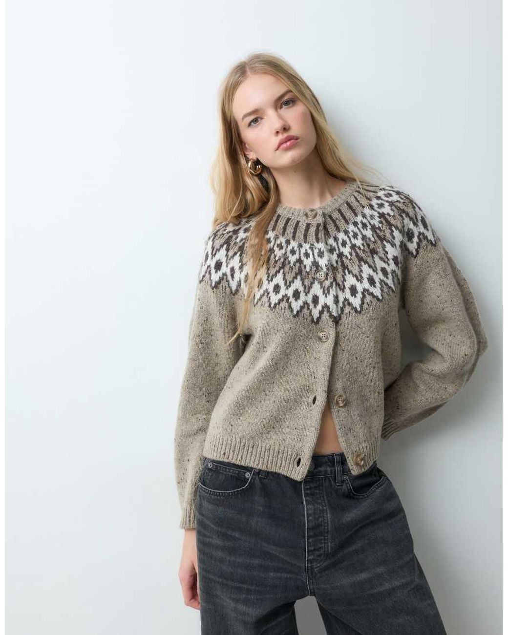 Aware Brown Wool Blend Round Neck Fairisle Knitted Cardigan