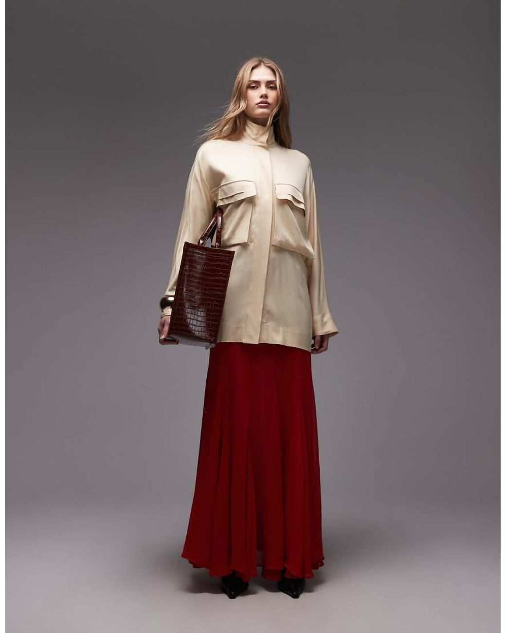 ASOS White Satin Shacket With Concealed Placket And High Neck Detail