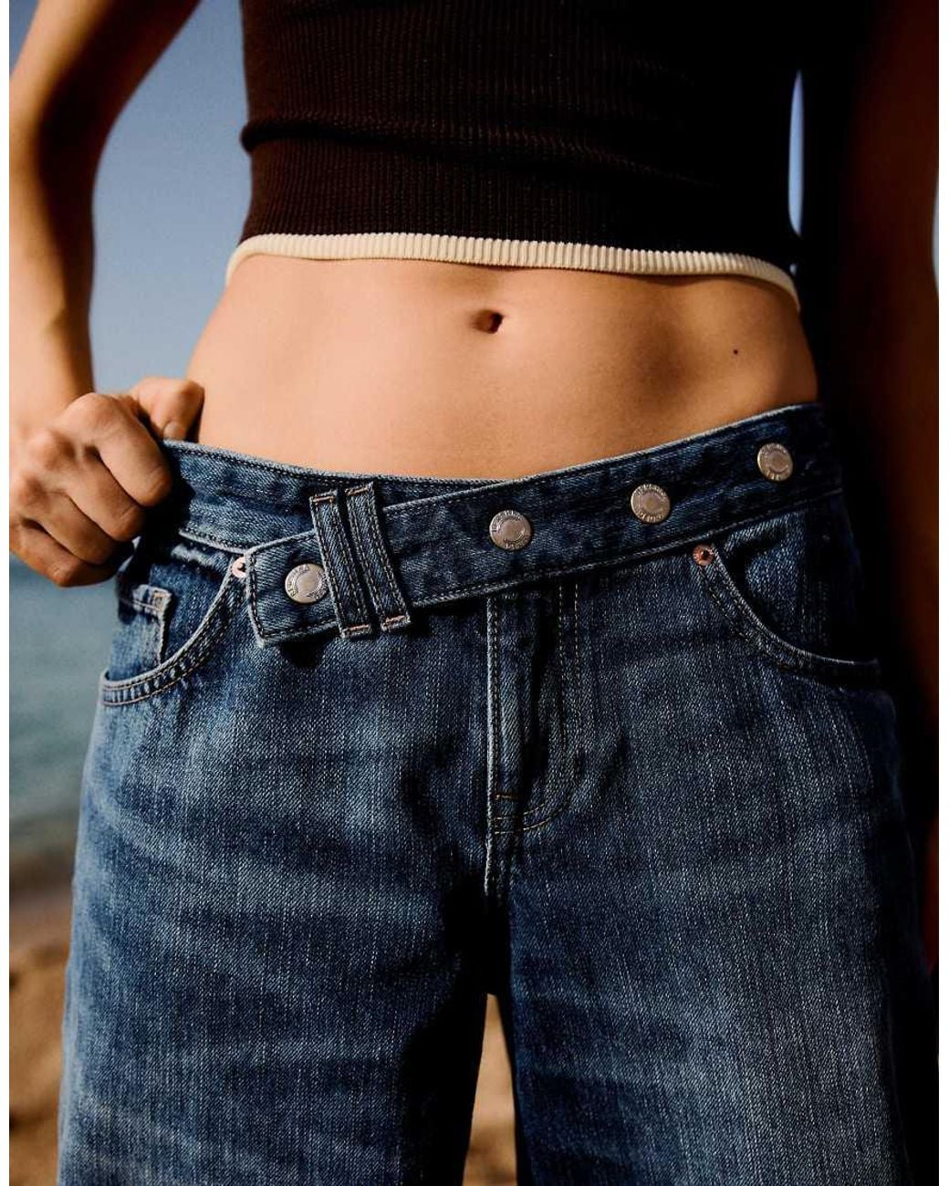 Bershka Blue Low-rise Crossover Waist Jeans