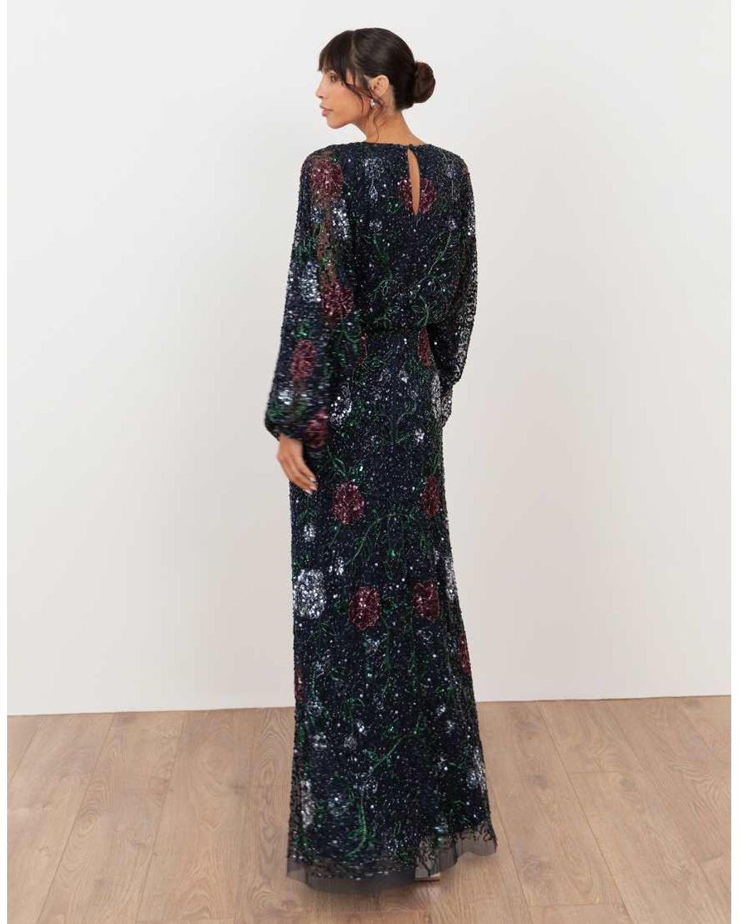 Maya Blue Embellished Round Neck Long Blouson Sleeve Maxi Dress