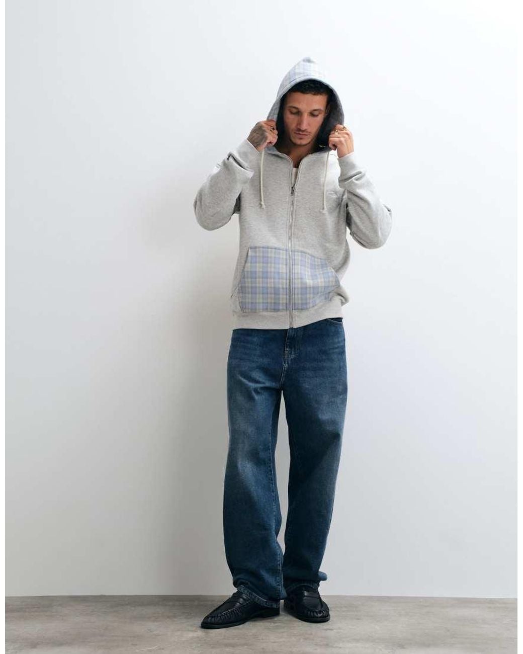 Colt MCR Gray Colt Heavyweight Regular Fit Contrast Gingham Zip Through Hoodie for men