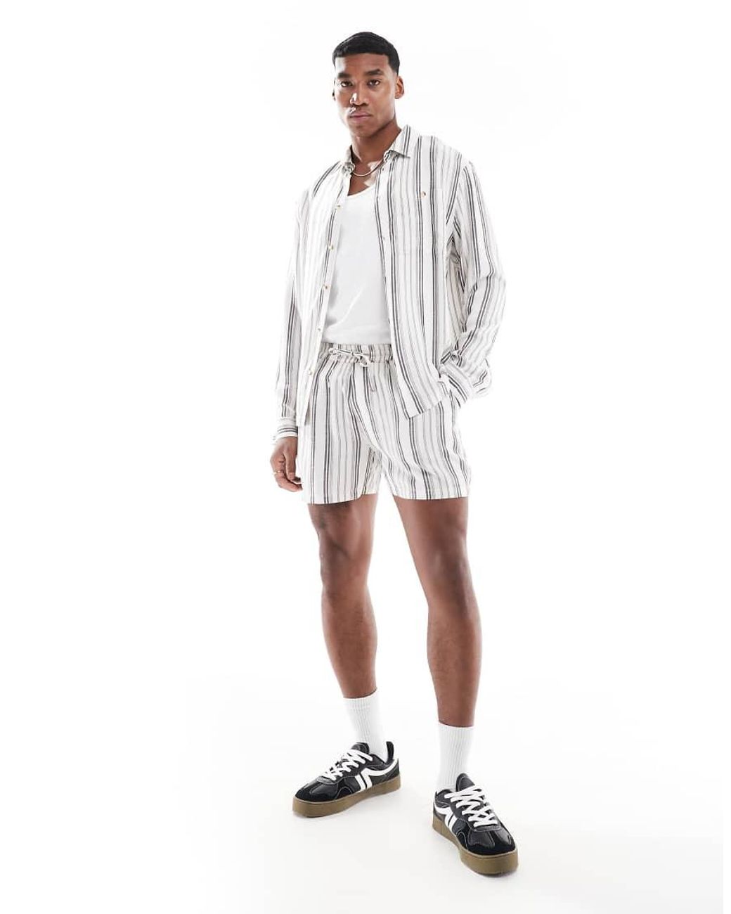 Another Influence White Long Sleeve Striped Shirt Co-ord for men