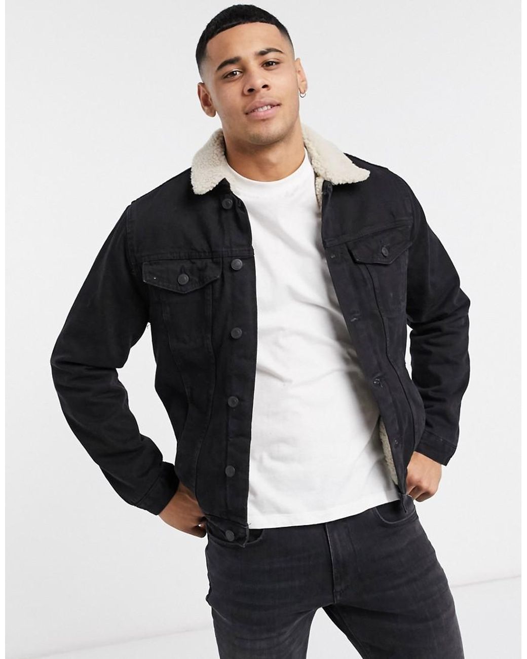 new look borg lined denim jacket in washed black