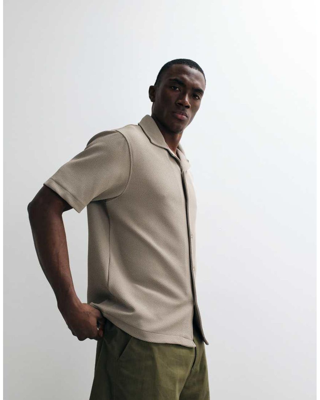 River Island Natural Textured Camp Collar Shirt for men