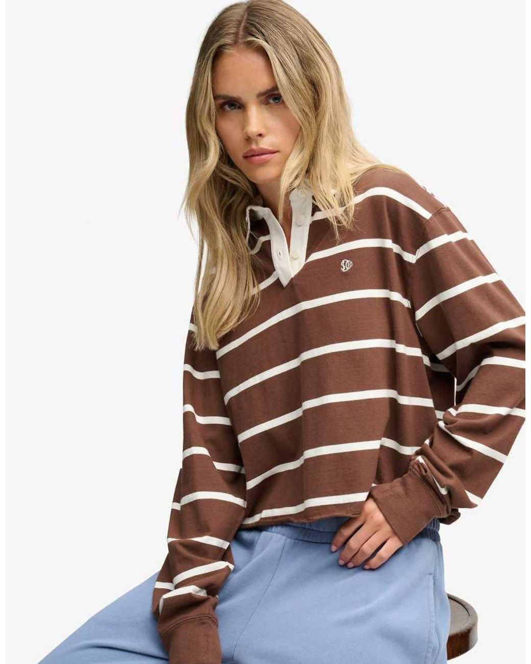 Superdry Blue Athletic Essential Cropped Stripe Rugby Top