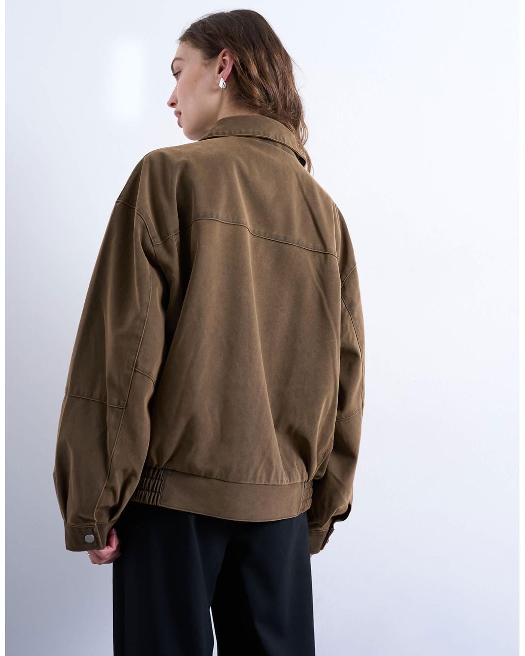 TOPSHOP Brown Faux Suede Super Oversized Quilted Lined Bomber Jacket With Patch Pockets