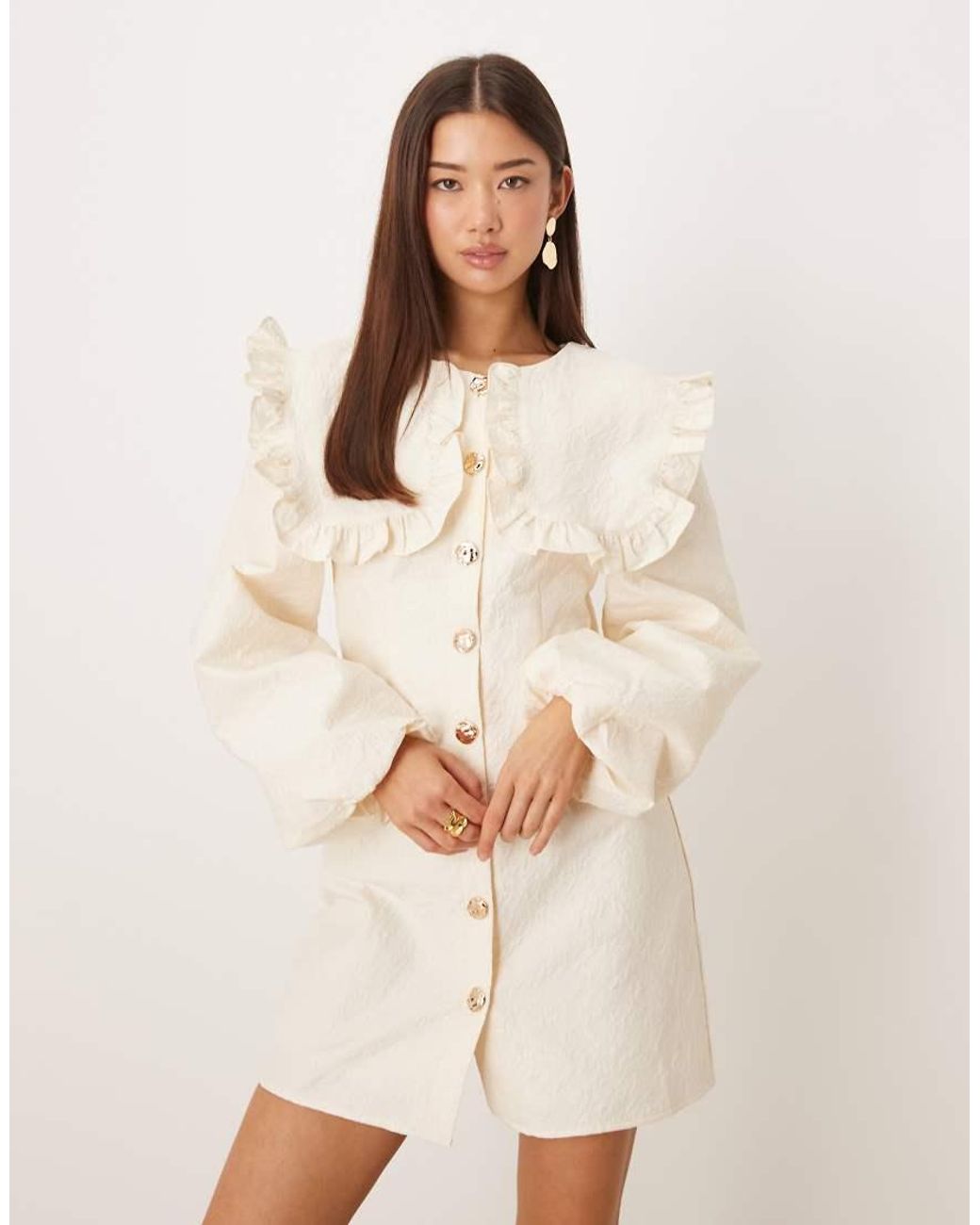 Ghospell Natural Oversized Collar Balloon Sleeve Mini Dress