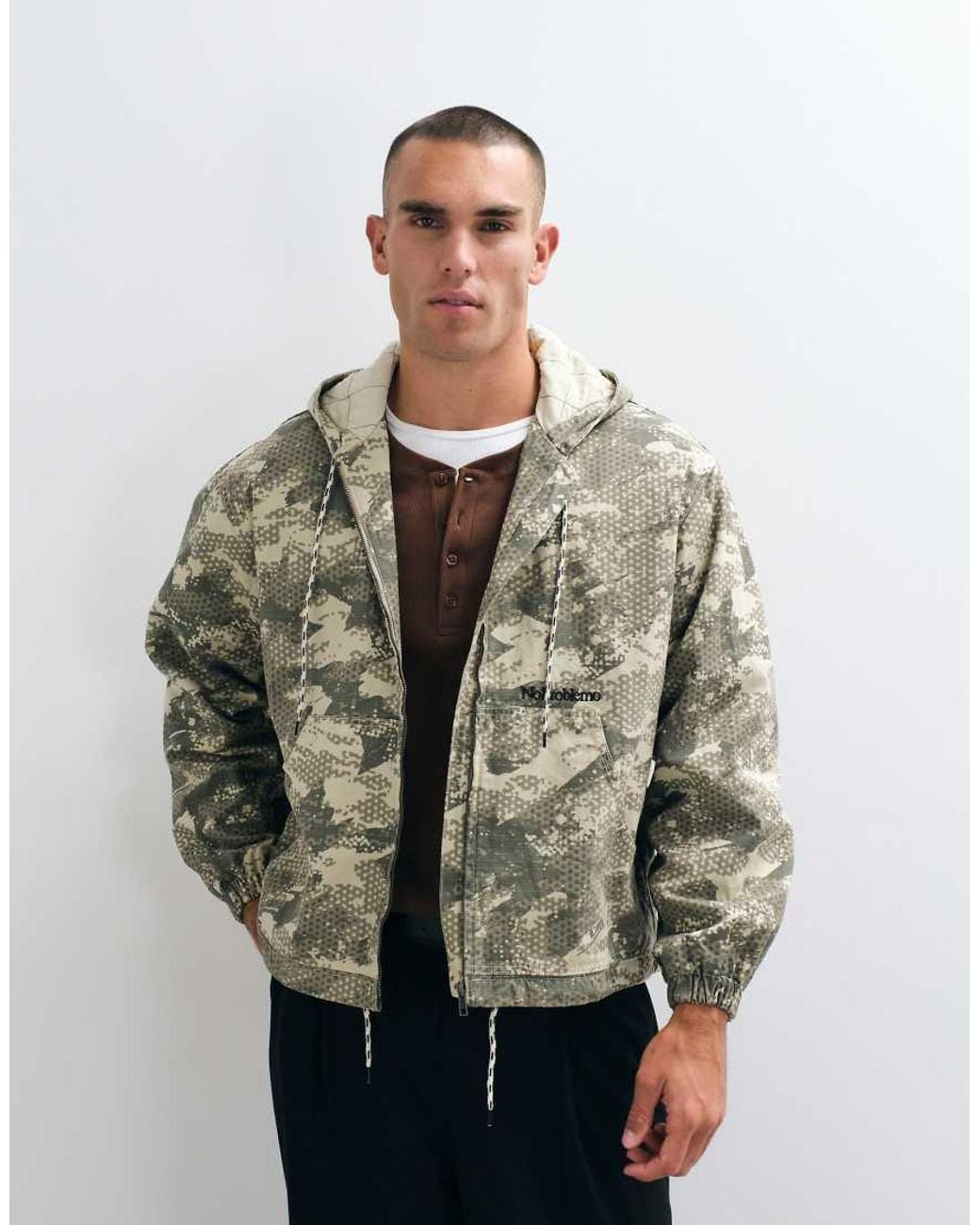 No Problemo Natural Tree Camo Print Logo Ripstop Zip Through Hooded Jacket for men