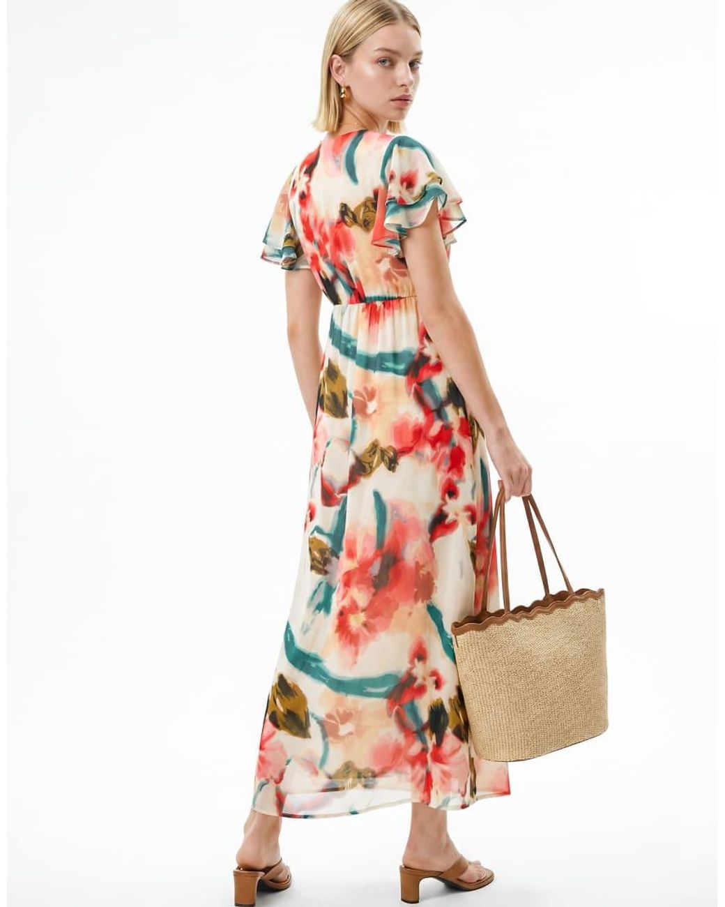 Lovedrobe White Abstract Floral Print V Neck Flutter Sleeve Midaxi Dress