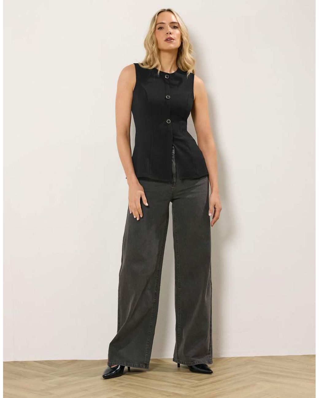 Long Tall Sally Black Textured Button Waistcoat