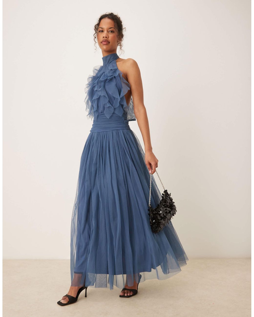 LACE & BEADS Waterfall Ruffle Maxi Dress in Blue | Lyst