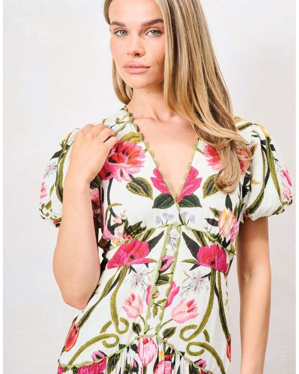 Hope & Ivy Pink Angie Cotton Printed Puff Sleeve V-Neck Tiered Midi Dress