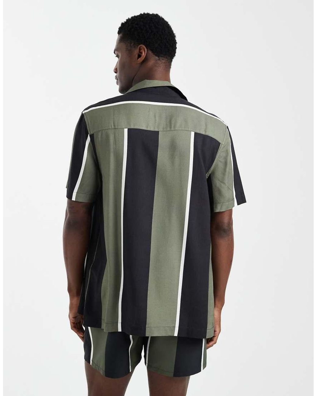 Camicia Vestibilità Classica Nera E Kaki A Righe Con Rever di ASOS in Gray da Uomo