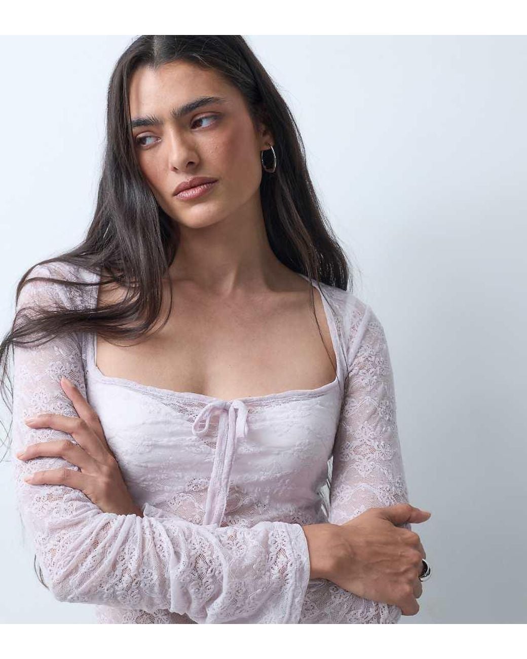 Monki Purple Lace Square Neck Long Sleeve Top