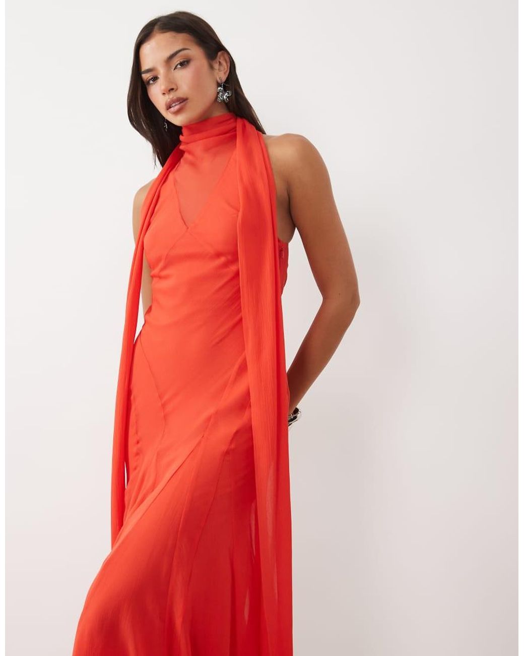 ASOS Red Volume Halter Maxi Dress With Scarf