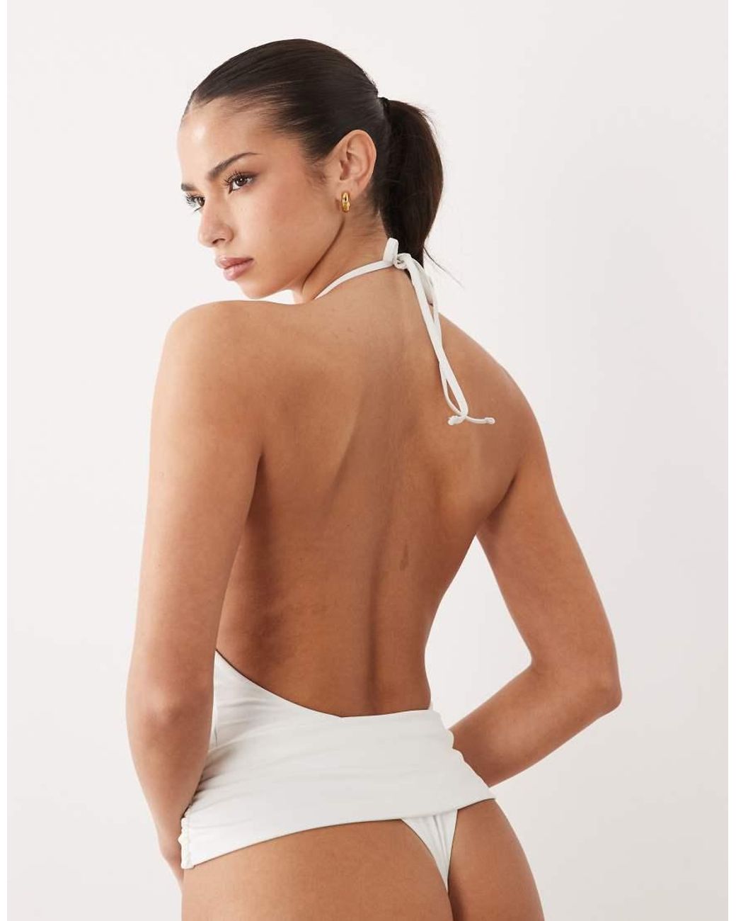 Oh Polly White Snake Detail Plunge Halter Neck Swimsuit