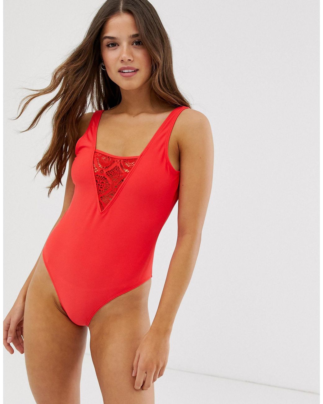 Jaded London Synthetic Brave Soul V Neck Swimsuit With Crochet Insert In Red Lyst