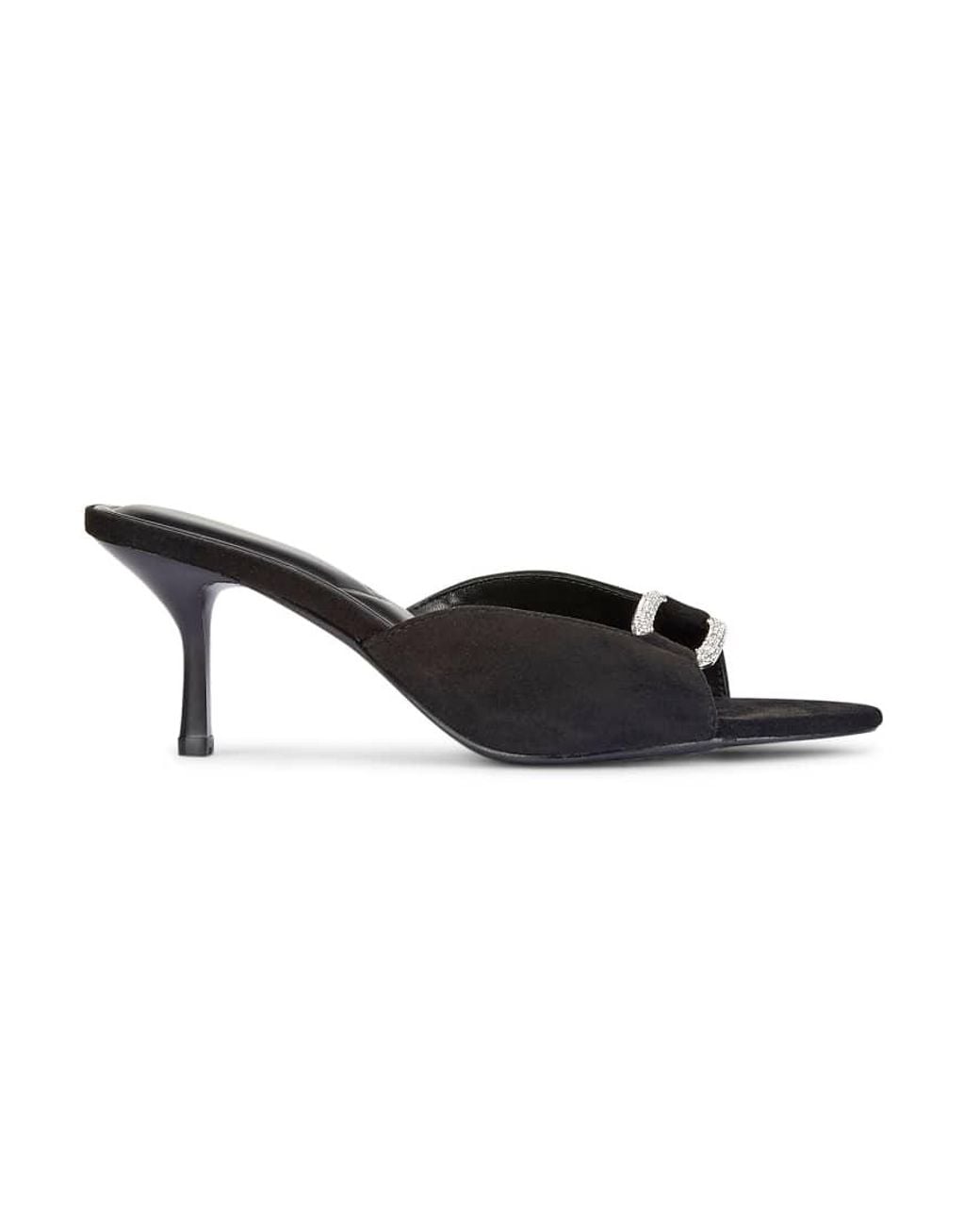 SEQWL Black Mule Heels Slip On Sandals Rhinestone Embellished Buckle