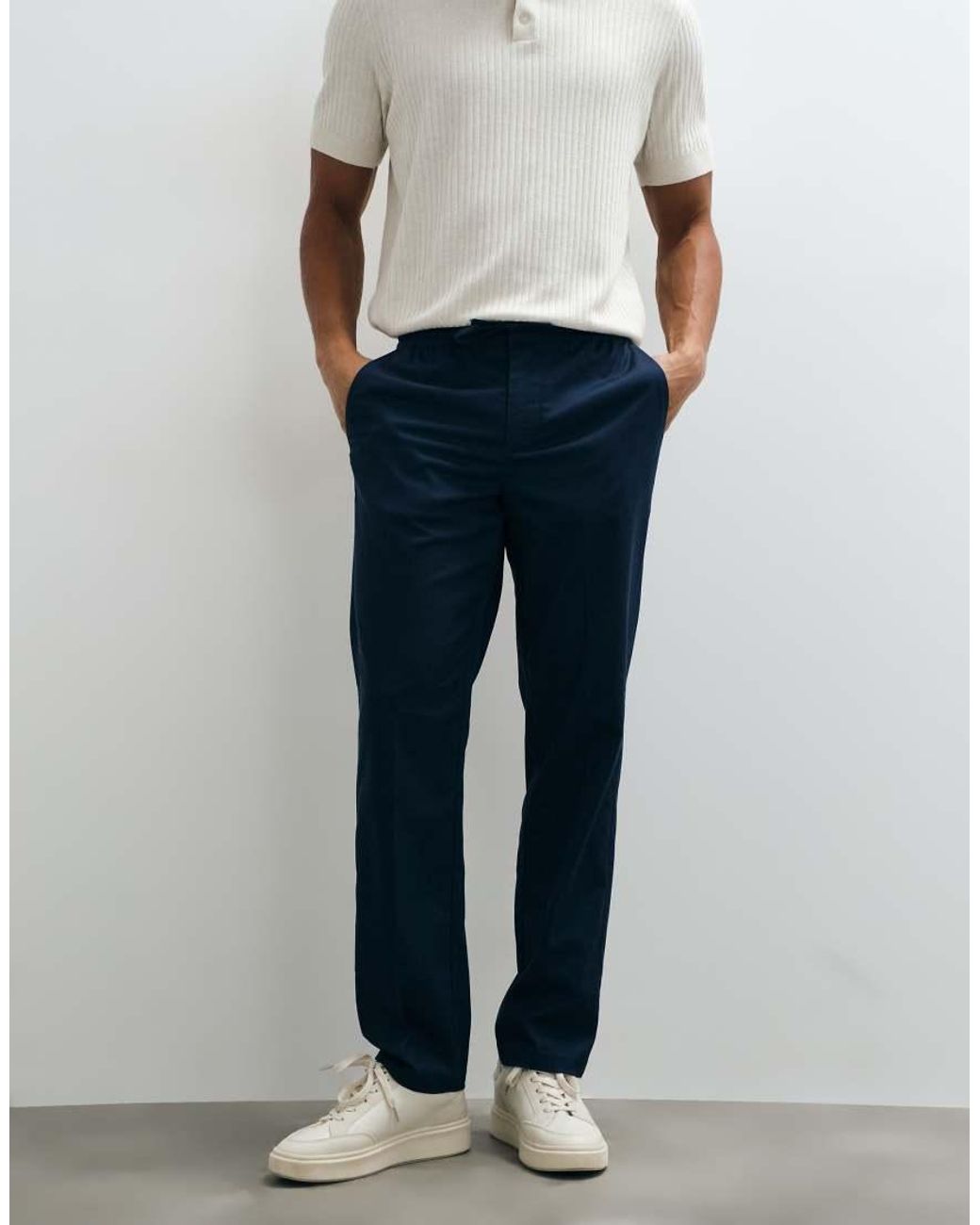 Threadbare White Drawstring Waist Straight Leg Trousers With Pleat for men