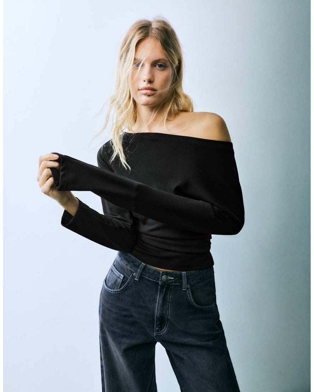 Pull&Bear Black Asymmetric Long Sleeve Top