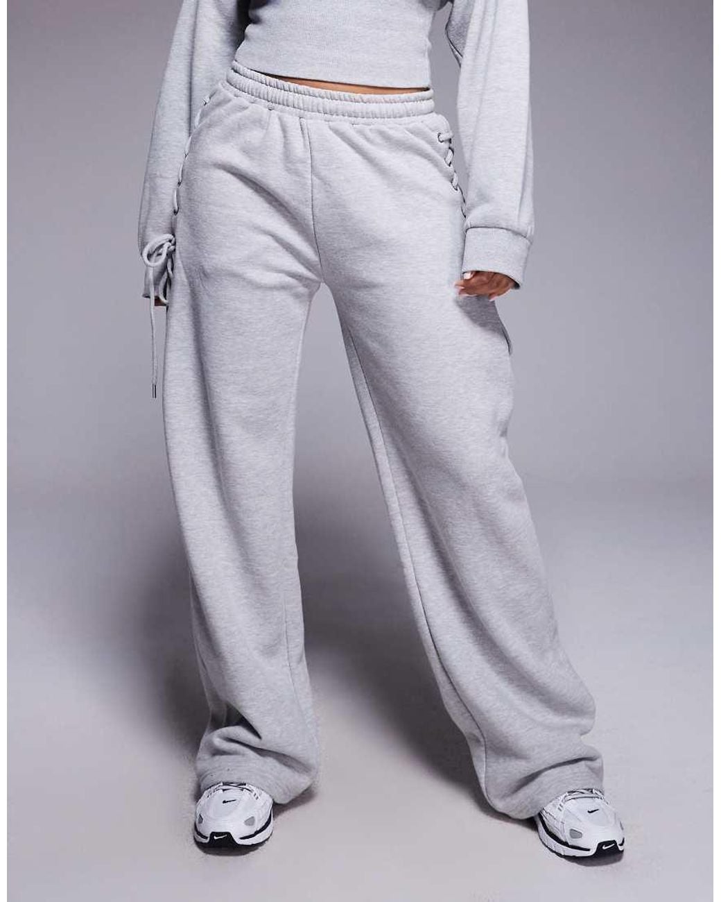 Kaiia Blue Cotton Rich Lace Up Side Detail Wide Leg joggers Co-ord