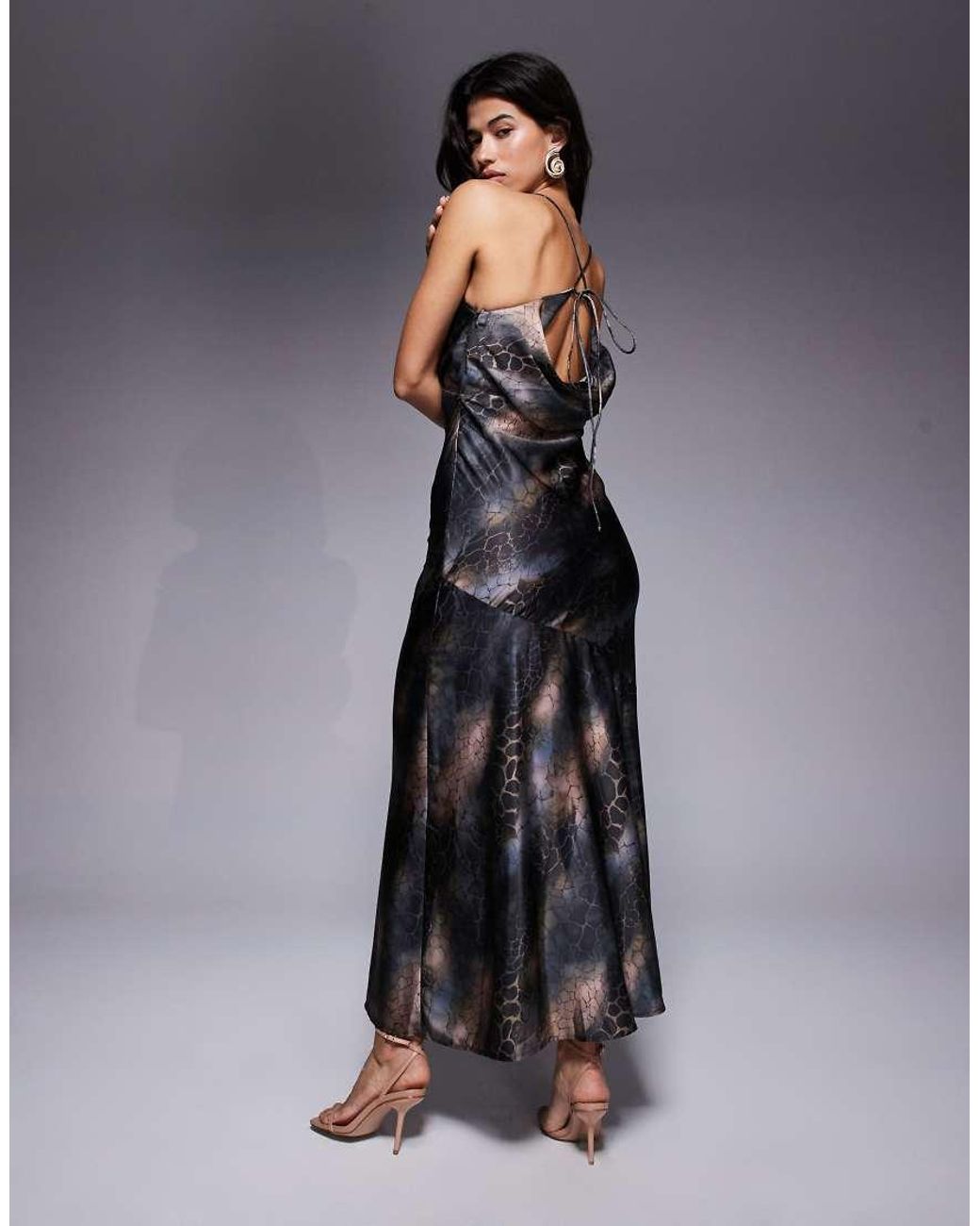 ASOS Gray Strappy Tie Back Cowl Front Satin Maxi Dress