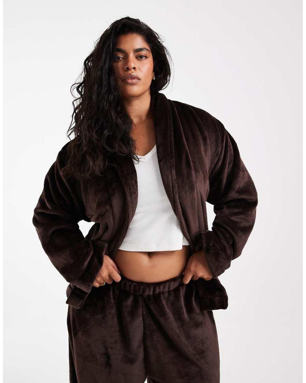 Loungeable Black Curve Cozy Wrap Tie Robe Top And Trouser Set