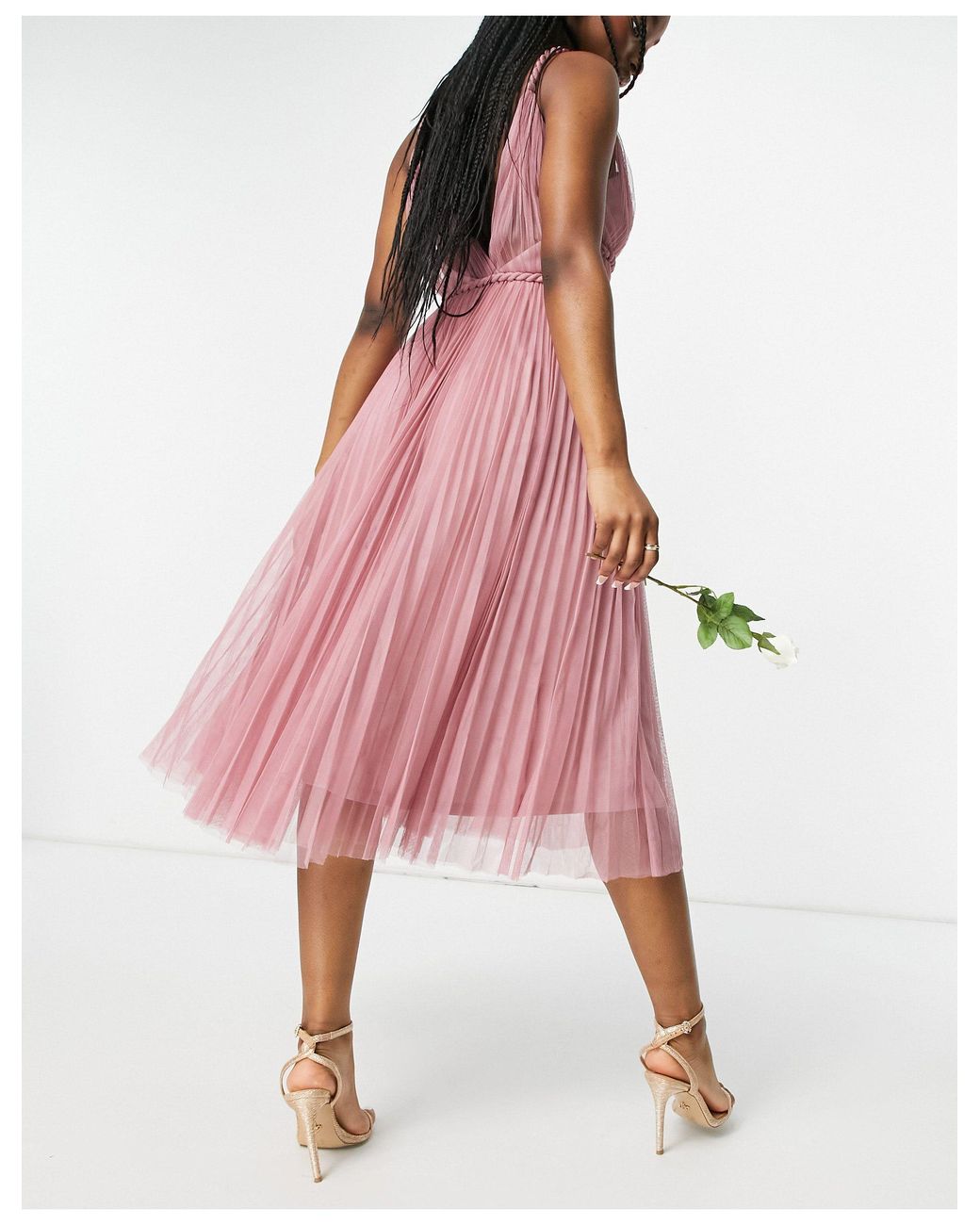 ASOS Belted Pleated Tulle Cami Midi Dress in Pink Lyst