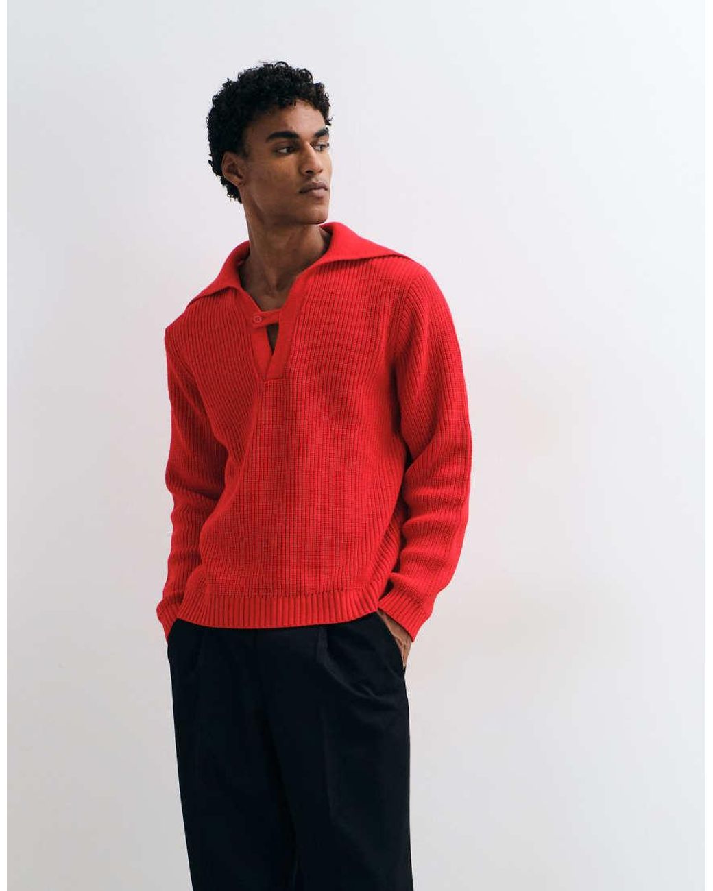 ASOS Red Knitted Relaxed Polo With Open Collar Detail for men
