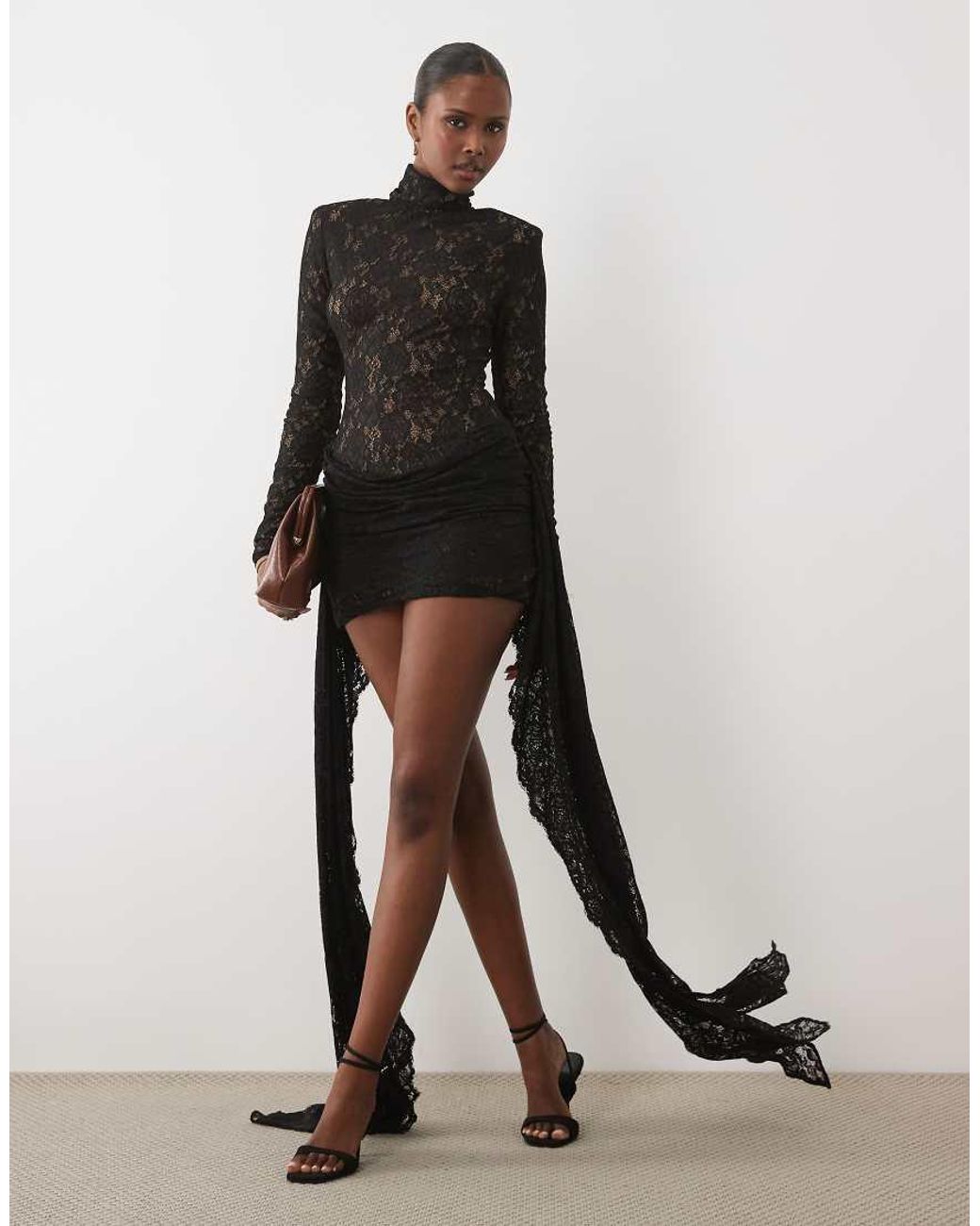 The Dolls House Black Kiki Lace High Neck Drape Detail Mini Dress