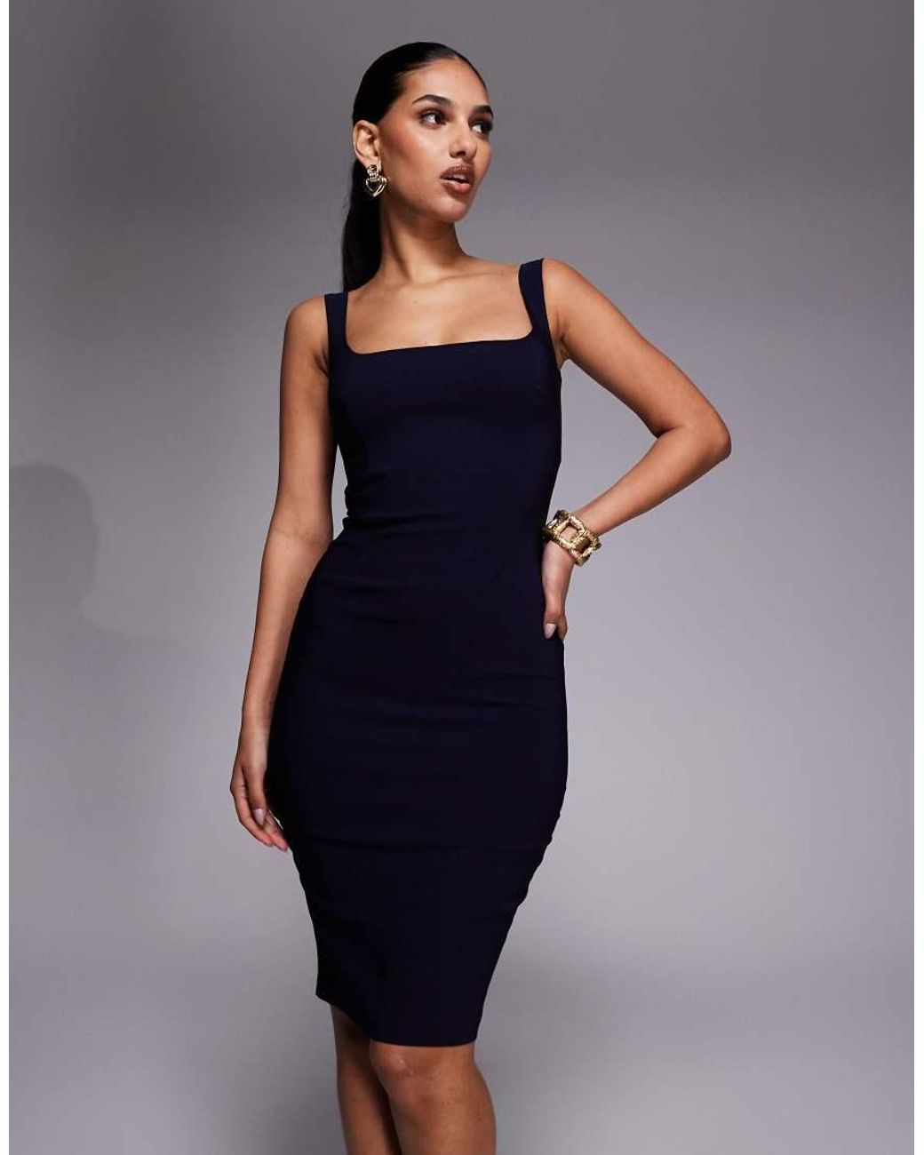 Vesper Blue Bengaline Square Neck Bodycon Midi Dress