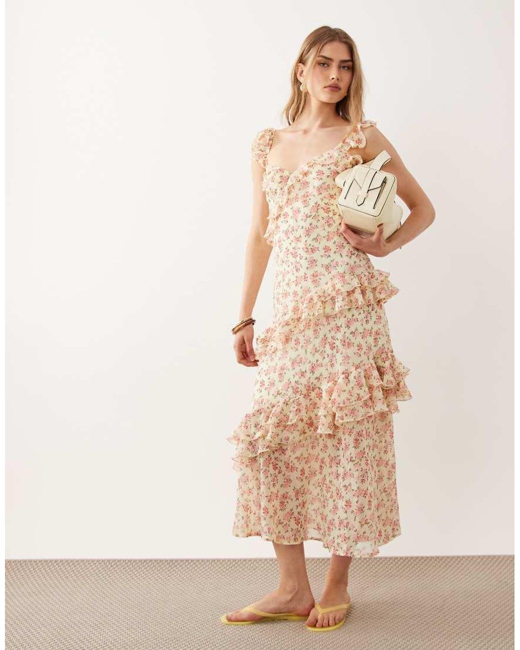 New Look Natural Floral Bouquet Print Ruffle Maxi Dress