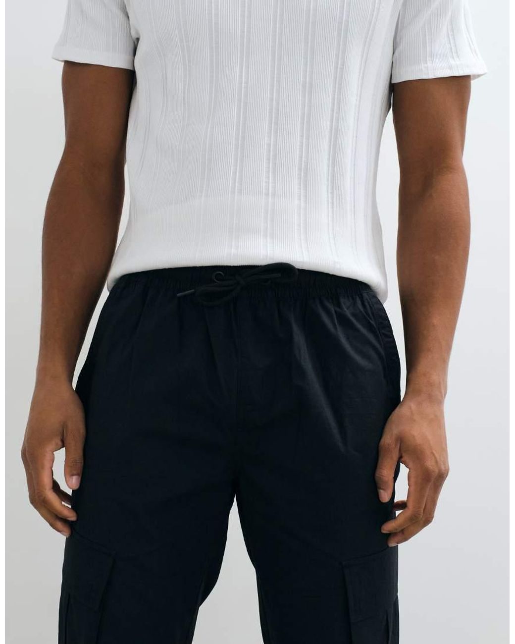Threadbare White Drawstring Waist Cargo Trousers for men