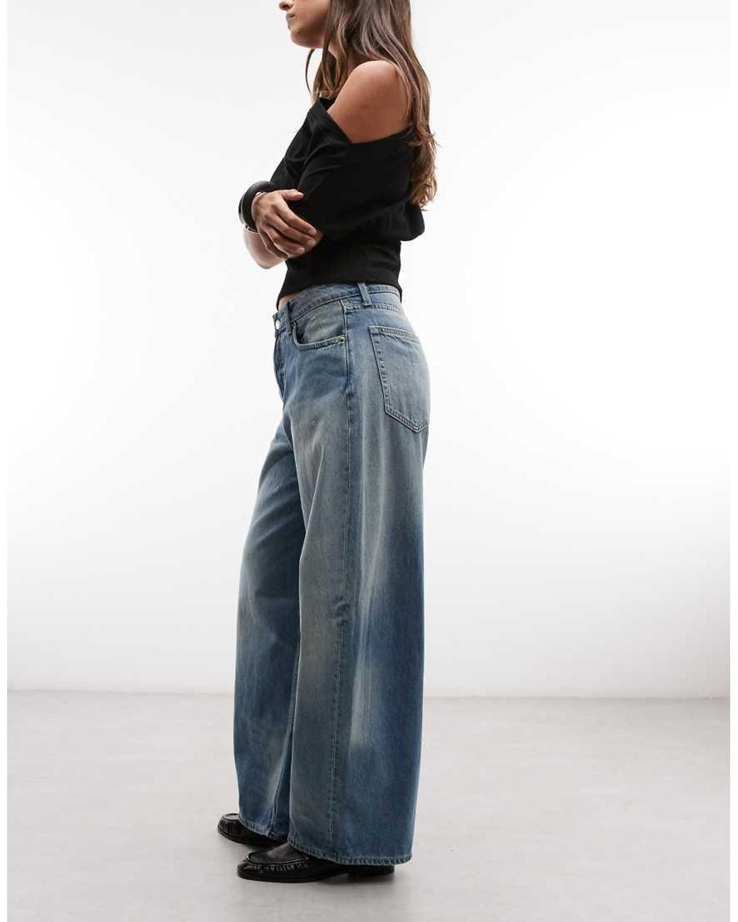 Weekday Blue Low Waist Baggy Wide Leg Jeans With Distressed Details