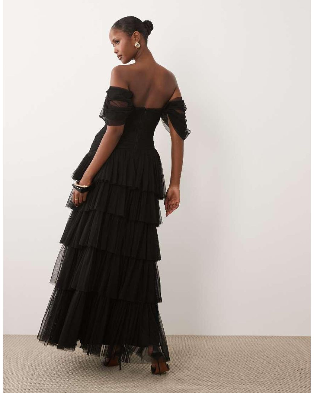 LACE & BEADS Black Tulle Fallen Shoulder Asymmetric Ruffle Detail Maxi Dress