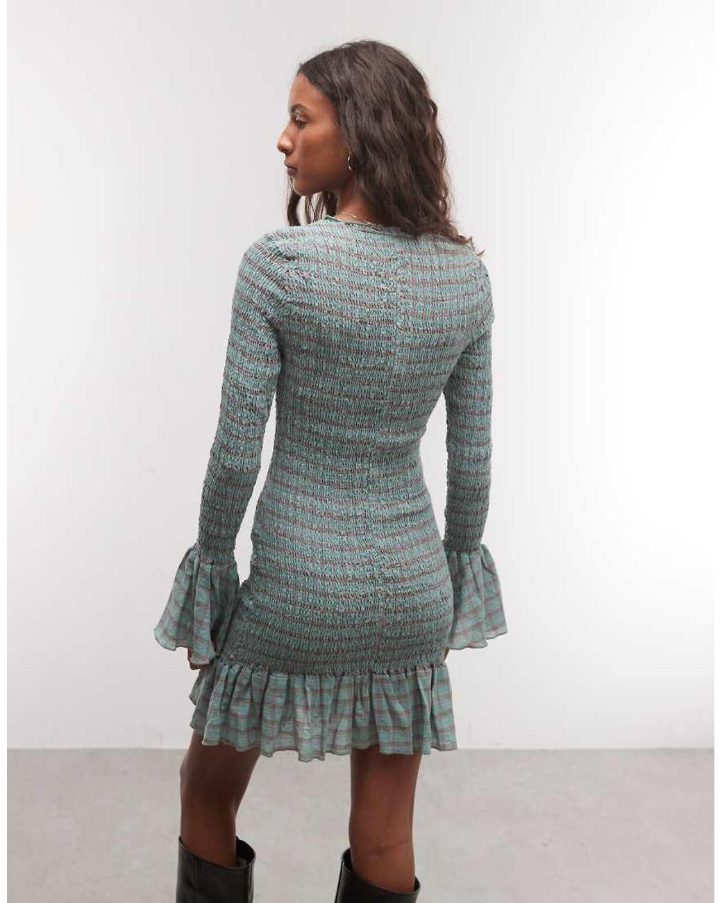 Daisy Street Gray Long Sleeve Shirred Mini Dress With Fluted Sleeve