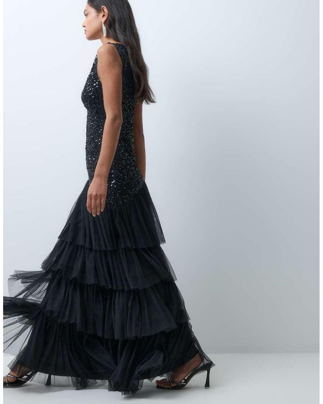 LACE & BEADS Gray Embellished Plunge Neck Drop Waist Tiered Skirt Maxi Dress