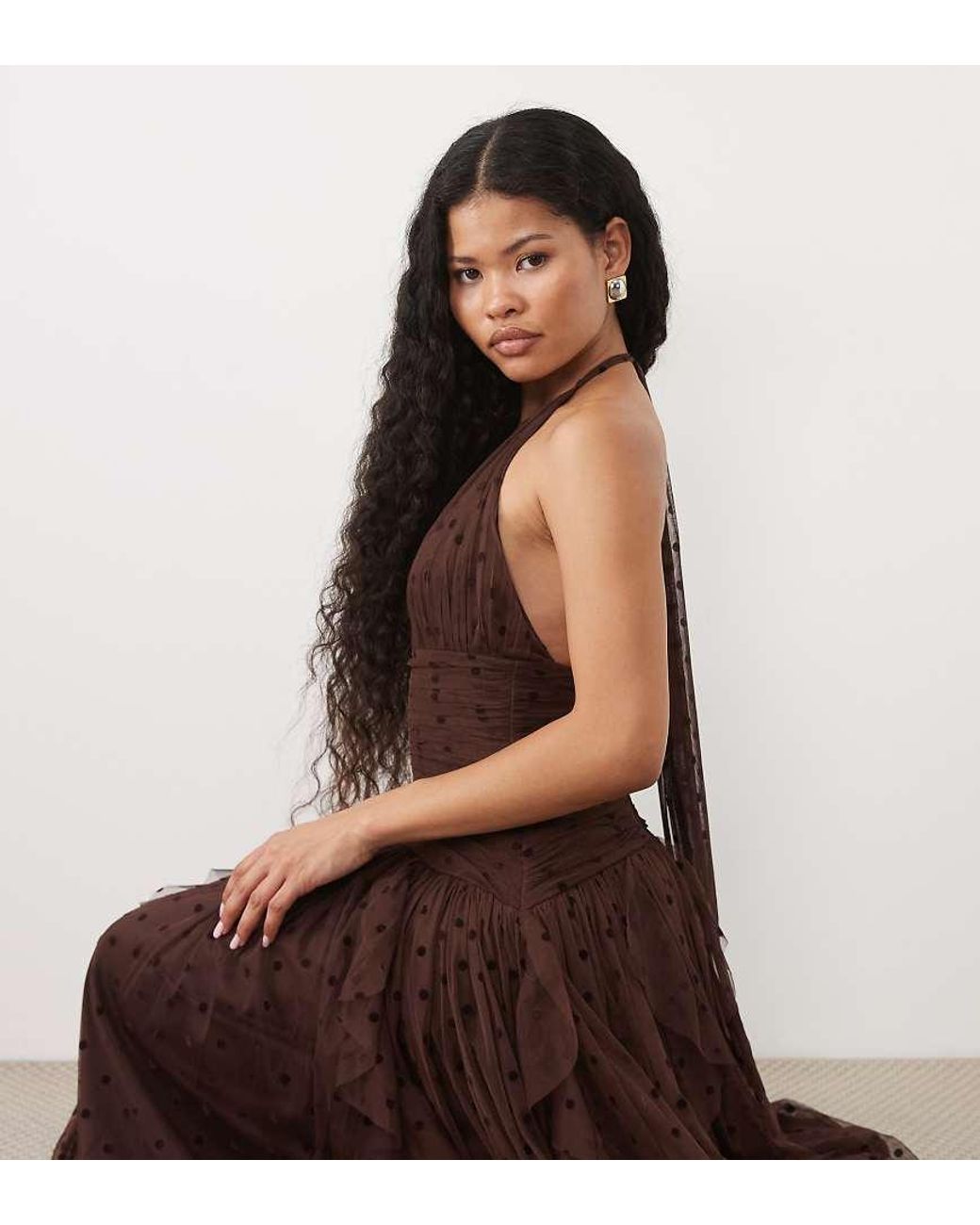 LACE & BEADS Brown Dobby Halter Neck Ruffle Skirt Maxi Dress