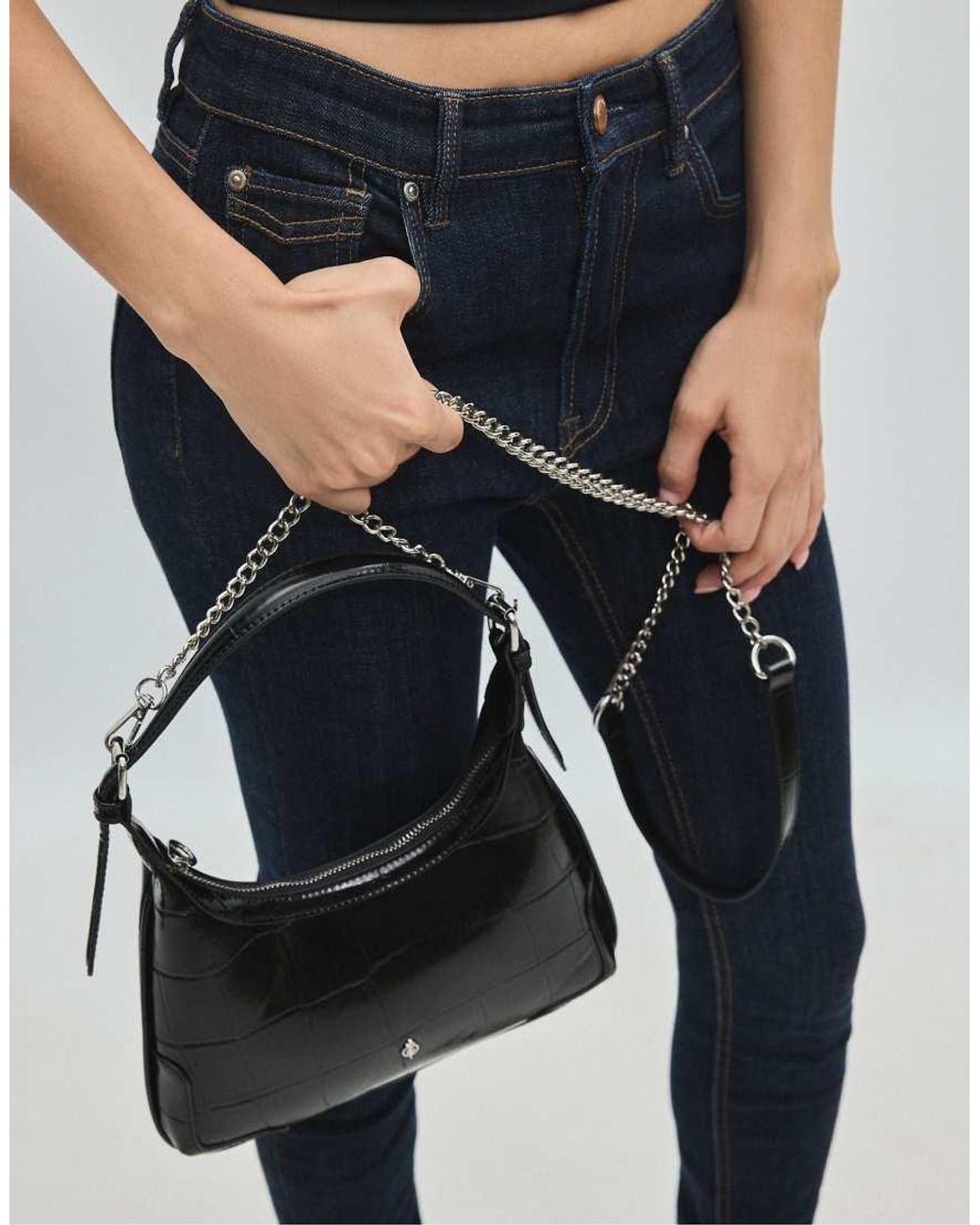Stradivarius Blue Mock Croc Mini Chain Shoulder Bag