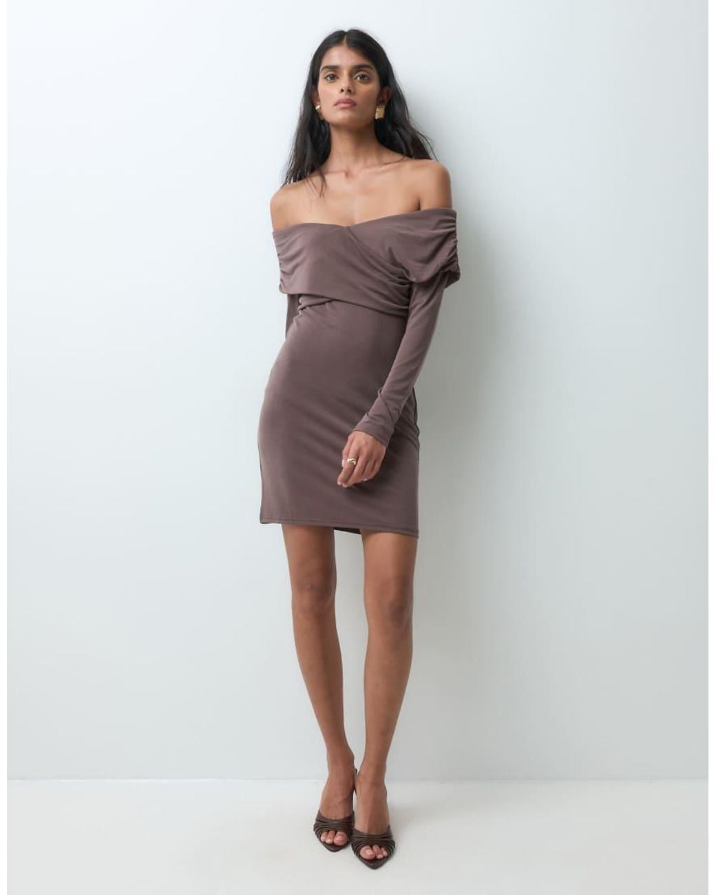 Miss Selfridge Brown Off Shoulder Wrap Mini Dress
