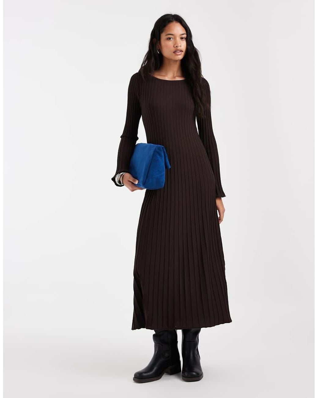 Vero Moda Blue Premium Boatneck Long Sleeve Ribbed Maxi Dress
