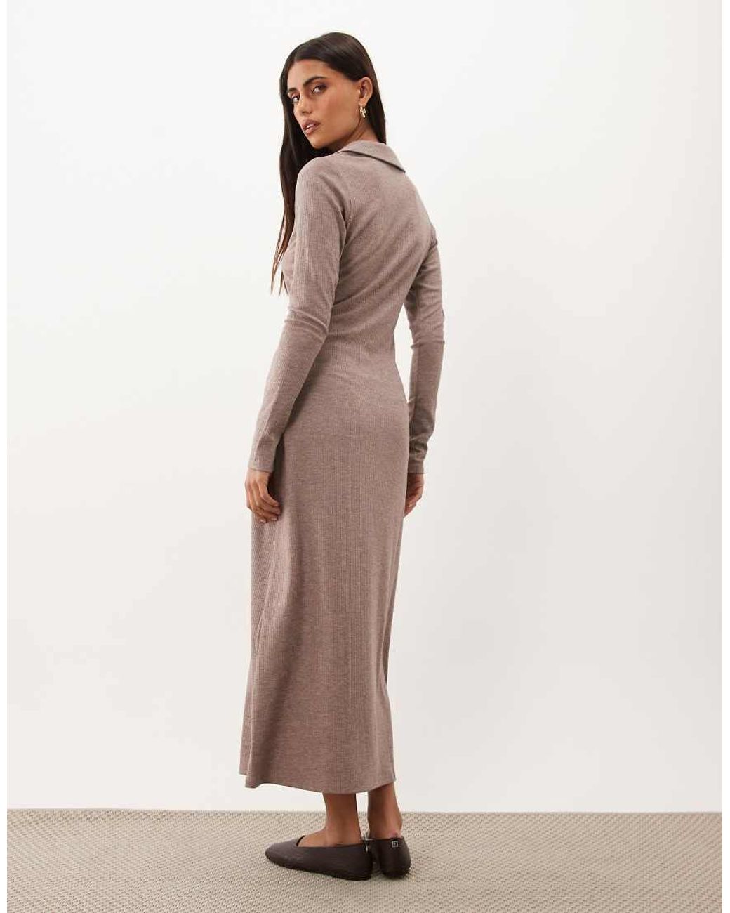 Nobody's Child Natural Ribbed Soft Collared V-neck Long Sleeve Maxi Dress