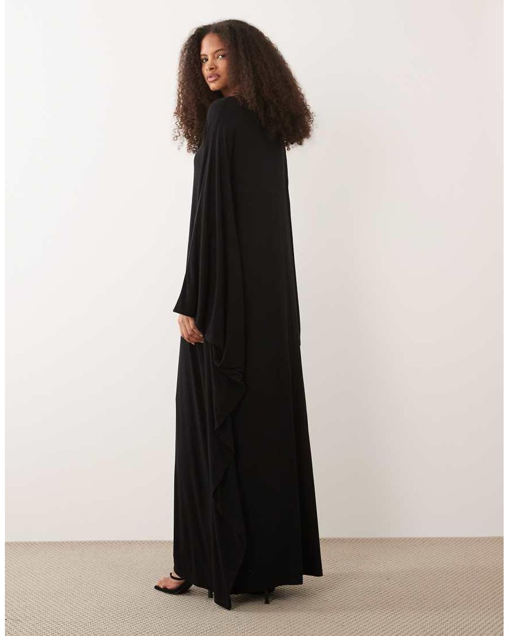 Iyal Black Jersey Dramatic Wide Sleeve Detail Kaftan Maxi Dress