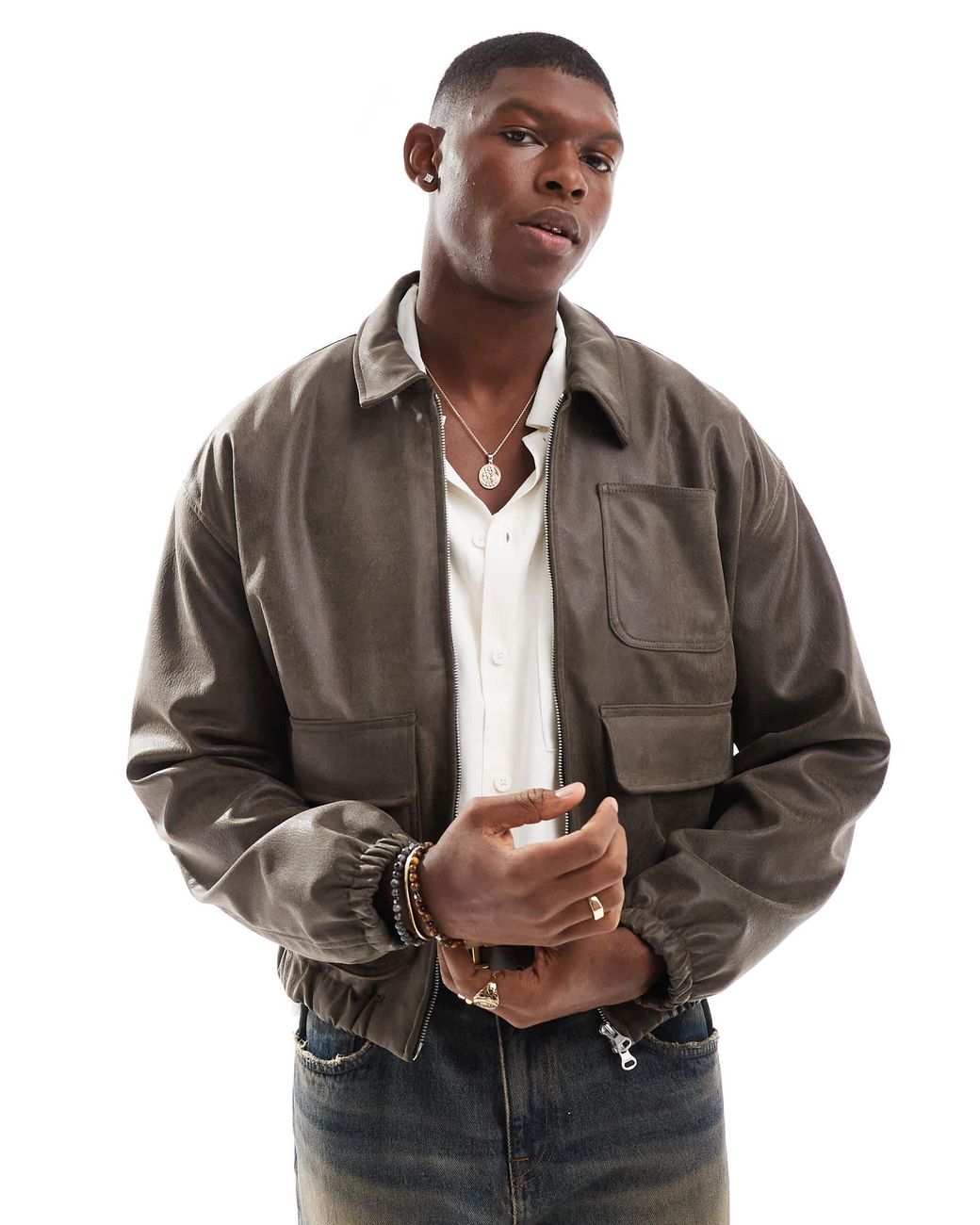 Leather Pull And Bear Bootcut Pull&Bear Boxy Fit Faux Leather Jacket In  Gray For Men Lyst