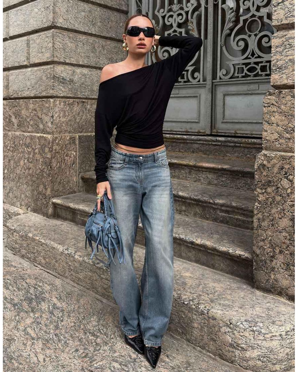 Bershka Brown Asymmetric Neck Long-Sleeved T-Shirt