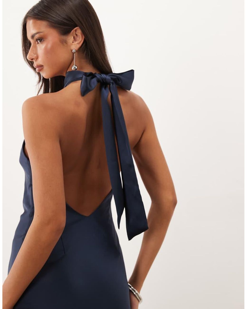 Pretty Lavish Blue Satin High Halter Neck Bias Backless Maxi Dress